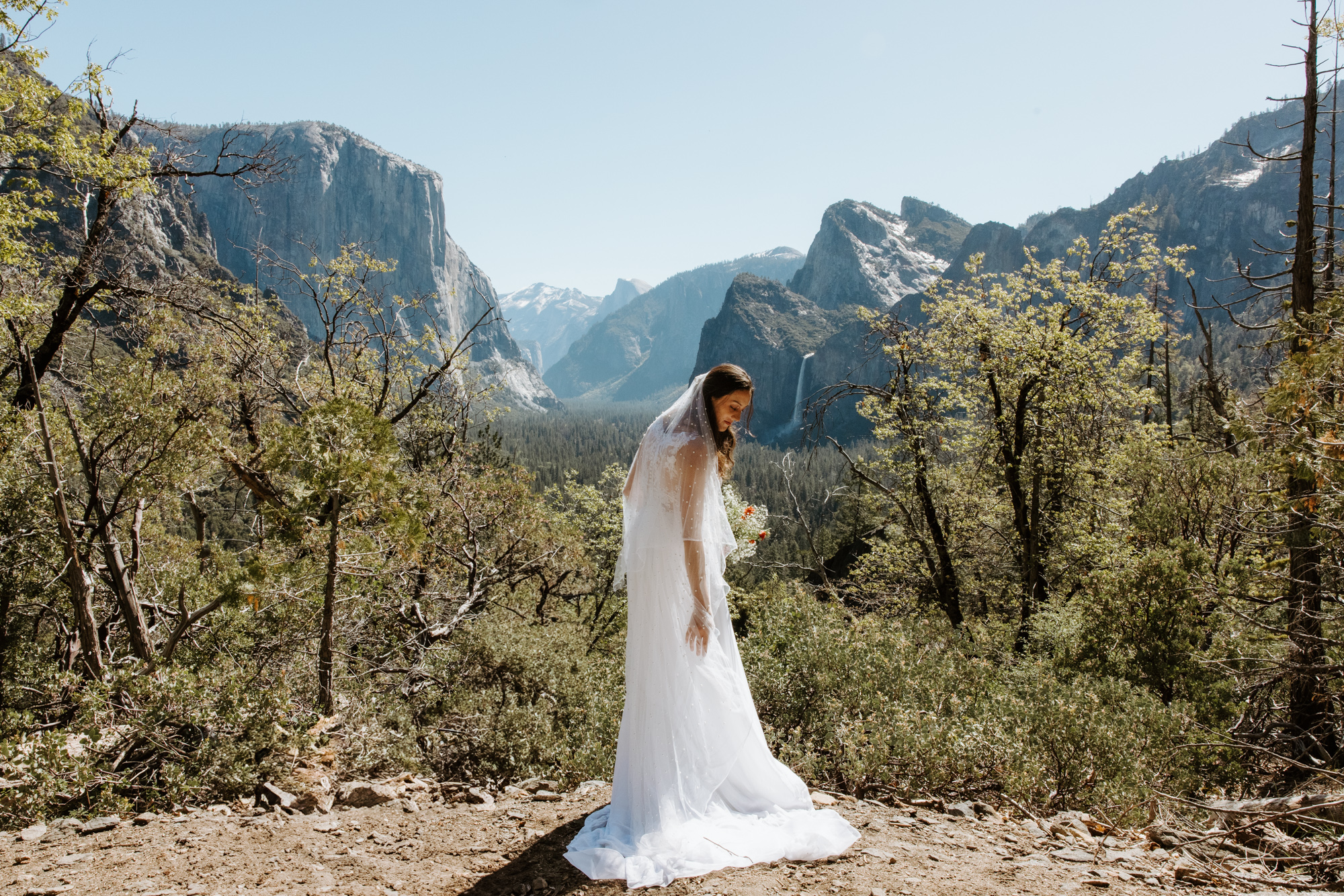 Bride standing at Artist Point, taking in the view of Yosemite Valley below 